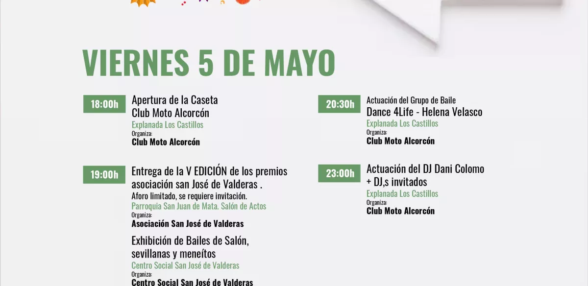 Actividades Fiestas San José de Valderas. Viernes 5 de mayo
